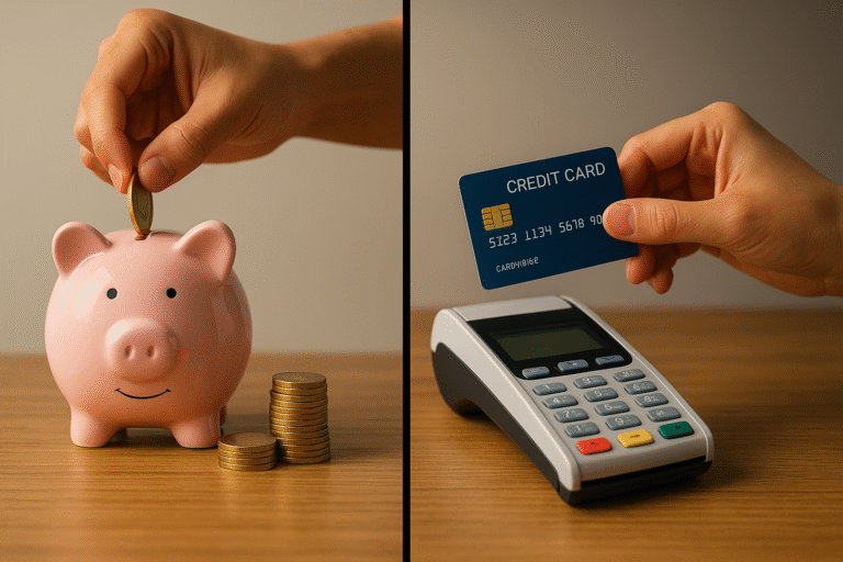 Visual representation of choosing between pay off debt or save first.