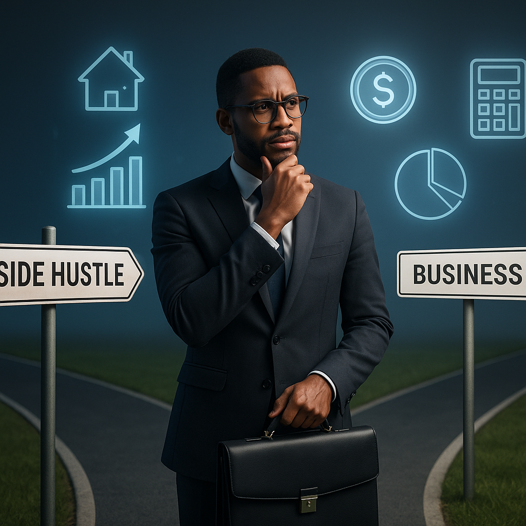 Person standing at a crossroads labeled 'Side Hustle' and 'Business' with finance icons