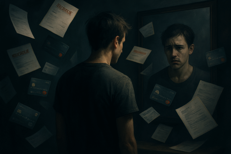 A person in a dark room surrounded by floating bills and credit cards, reflecting emotional, financial trauma.