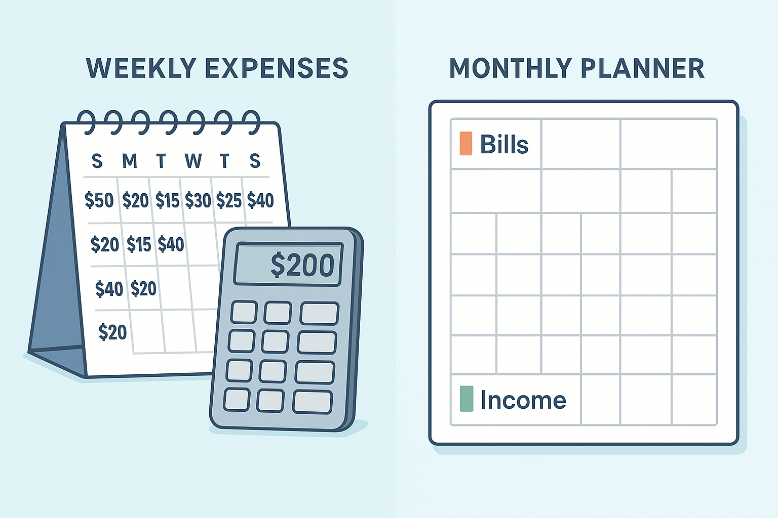 Visual budget calendar layout with bills and reminders