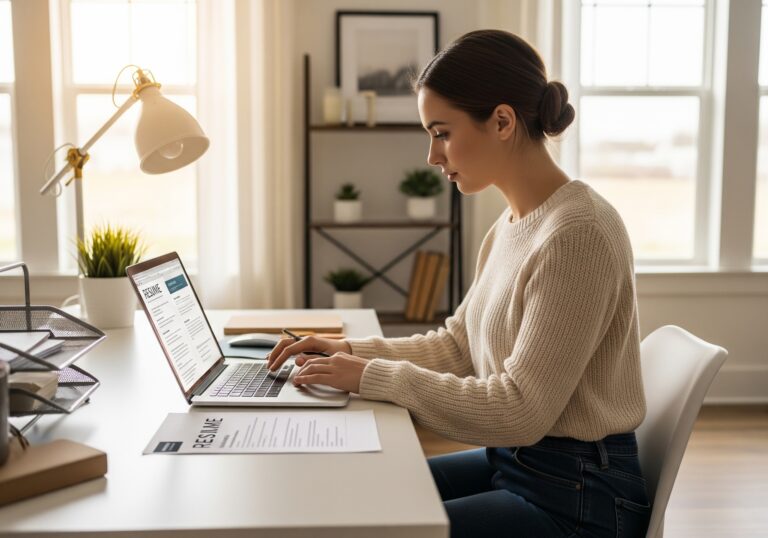 Woman writing a resume on laptop in modern workspace