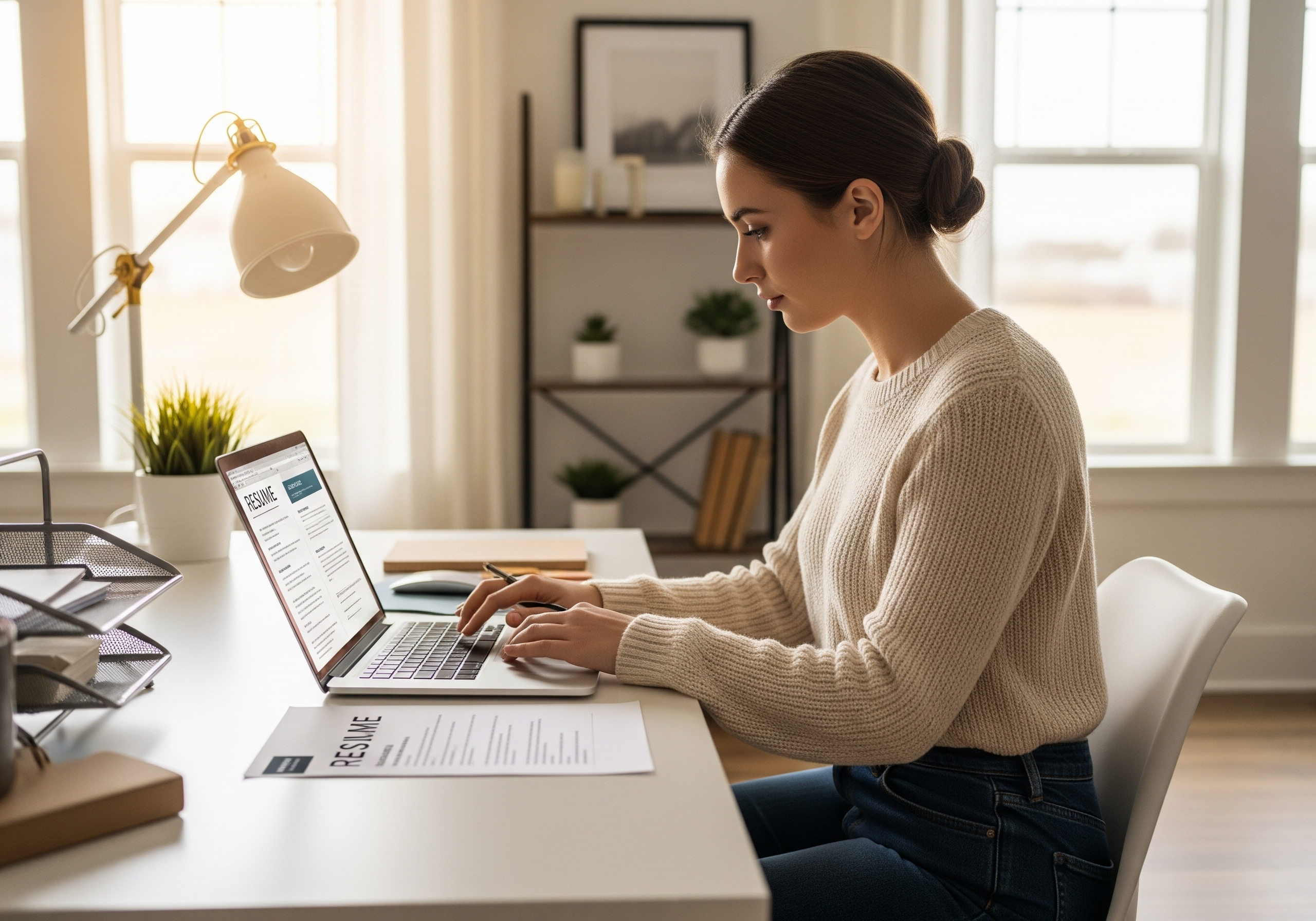 Woman writing a resume on laptop in modern workspace