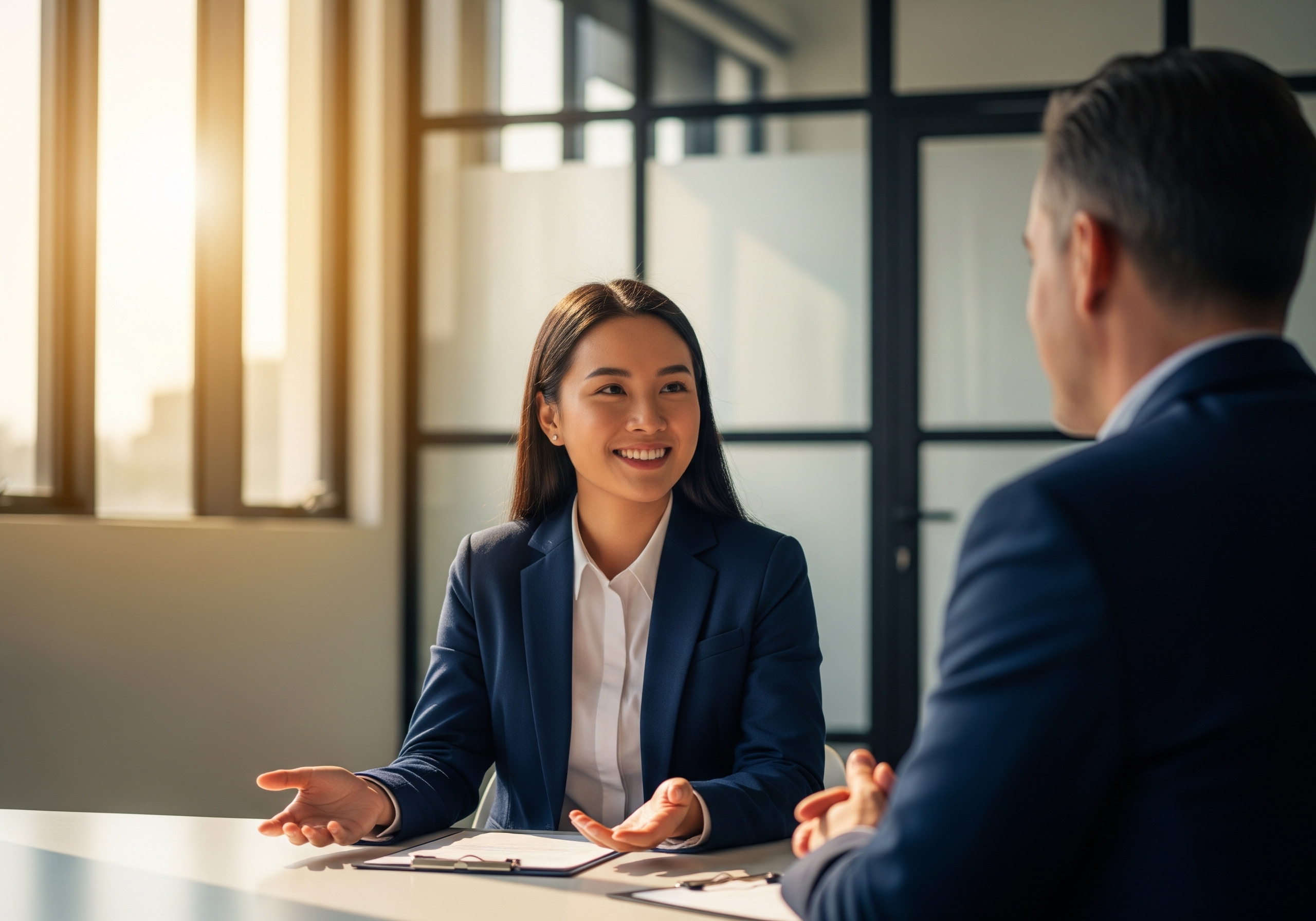 Job interview with confident candidate giving scripted answer